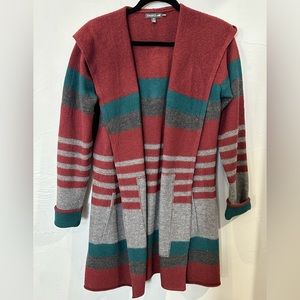 Open front cardigan, sweater with hood, rust colour, gray and teal stripes.